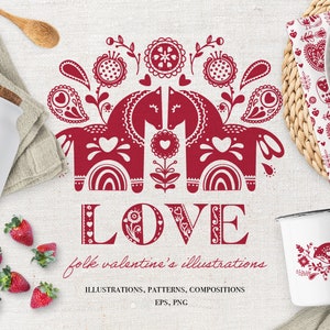 Folk Valentine’s Day Clipart Set – Scandinavian Folk Art Patterns and Illustrations – Red & Black PNG EPS – Alphabet, Compositions, Patterns