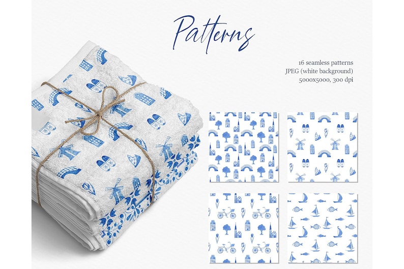 Delft Blue Dutch Tile Patterns, Watercolor Digital Paper (JPEG) - Etsy