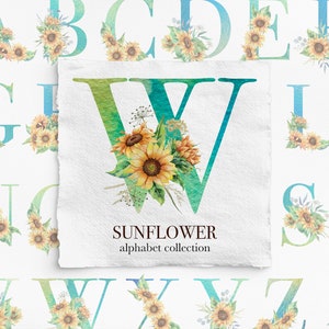 Girasoles Alfabeto Clip art Acuarela Floral Letras Boda Clipart Botánico Mayúsculas Alfabeto Acuarela clip art PNG 300dpi