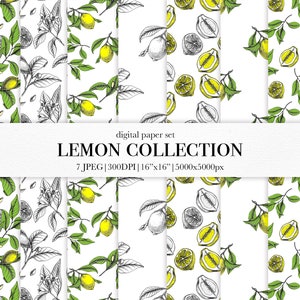 Lemon Botanical Papier Pack - Nahtlose Zitrus Muster - Digitales Papier - Limette Scrapbook Papiere - Zitronenblätter und Blüten Printable Paper Set