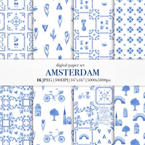 Set di carta per piastrelle olandesi blu Delft, carta digitale acquerello olandese, motivi blu di Amsterdam, stampa olandese, stampe da cucina, arredamento in tessuto olandese