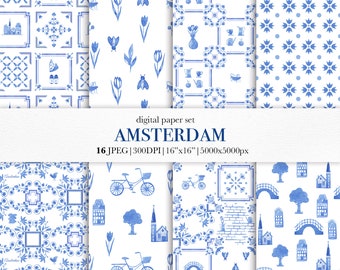 Delft Blue Dutch Tile Patterns, Watercolor Digital Paper (JPEG)