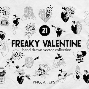 Valentines Day Line Art Collection - Hand Drawn Valentines Illustrations - Valentines Day Graphics Bundle - Love Symbols - Hearts - Flowers