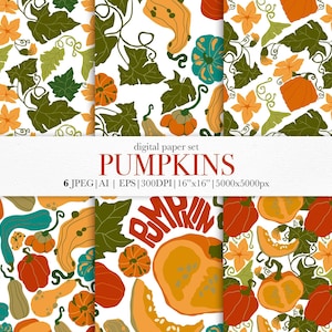 Autumn Pumpkins Seamless Pattern Set - Vector Pattern Files for Fabric Sublimation - Repeating Pattern - Scrapbooking - Leaves and Pumpkins