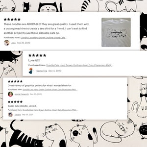 May include: Five customer reviews for a digital download of hand-drawn outline clipart cats. The reviews are positive and include the text "ADORABLE!" "Love it!!!" "Great variety of graphics" and "Super cute doodle. Love it."