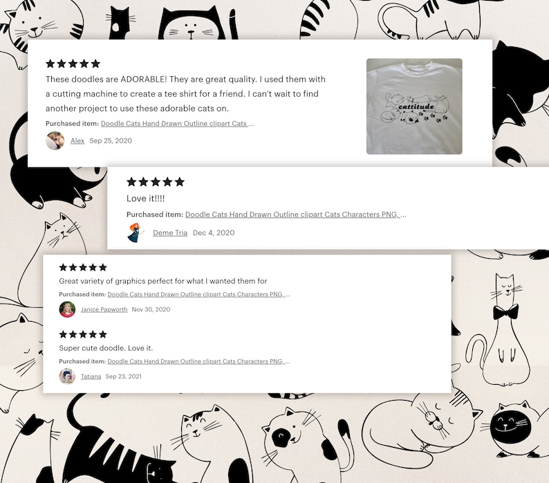 May include: Five customer reviews for a digital download of hand-drawn outline clipart cats. The reviews are positive and include the text "ADORABLE!" "Love it!!!" "Great variety of graphics" and "Super cute doodle. Love it."