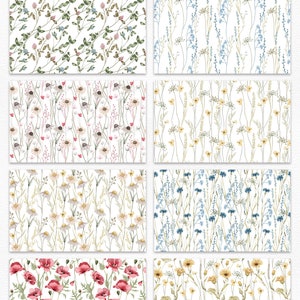 K&ouml;nnte beinhalten: Satz von acht digitalen nahtlosen Mustern mit Aquarell-Illustrationen verschiedener Wildblumen in Blaut&ouml;nen, Gr&uuml;n, Gelb, Rosa und Rot auf wei&szlig;em Hintergrund. Sie erhalten: 8 JPEG, 6000x3600px, 300dpi, 20"x12"