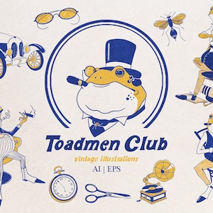 Vintage Frog Gentleman Clipart Set – 18 Retro Toad Characters + Accessories – PNG, AI & EPS for Branding, Apparel and Stationery