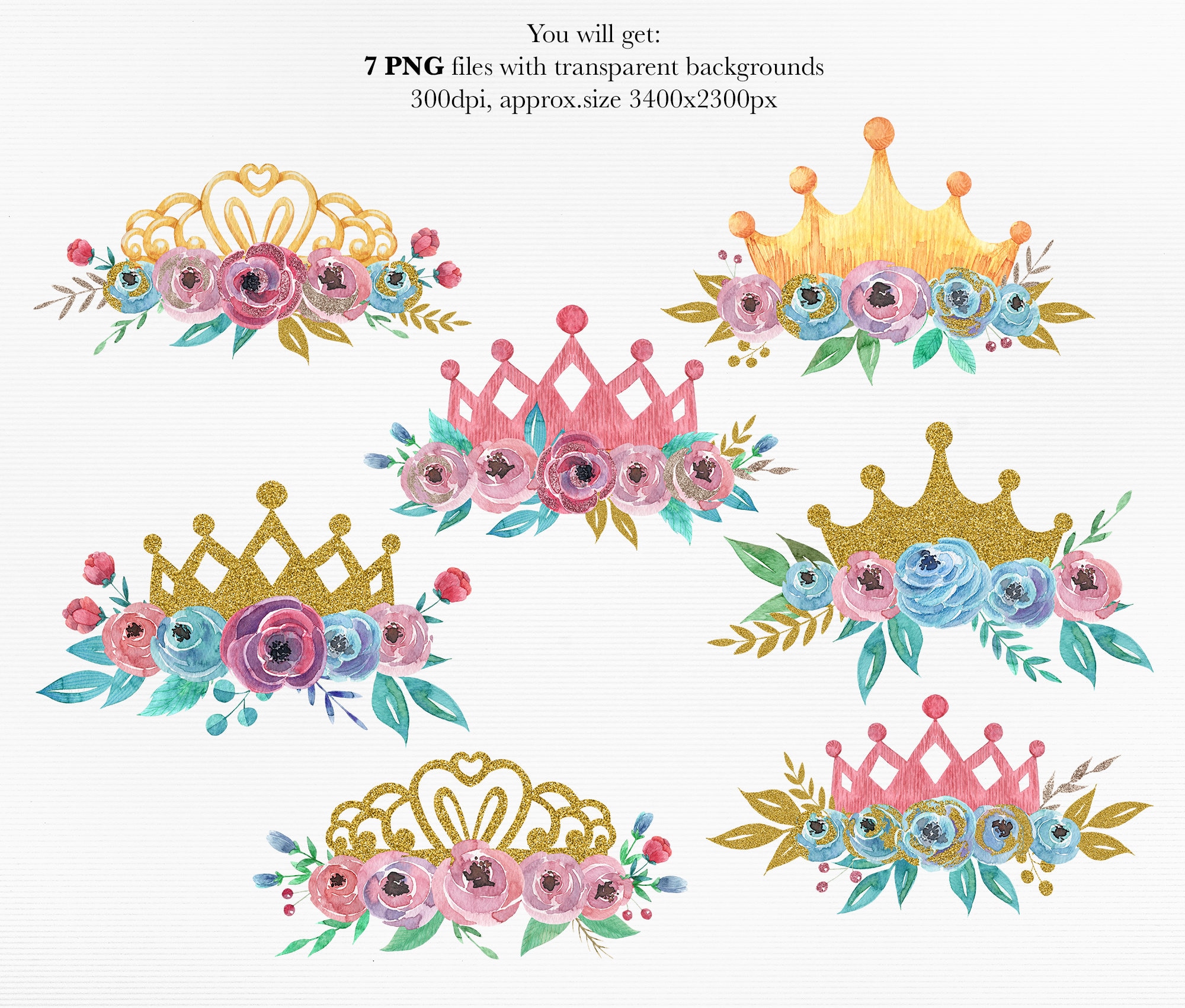 Watercolor Princess Crown Clipart, Floral Golden Crowns (PNG) - Etsy