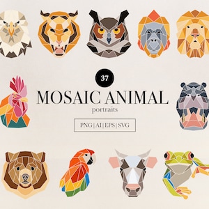 Geometric Animal Faces Clipart Set – 37 Mosaic Wildlife and Domestic Animal Portraits – Vector & PNG Files for Logo Design and Crafts