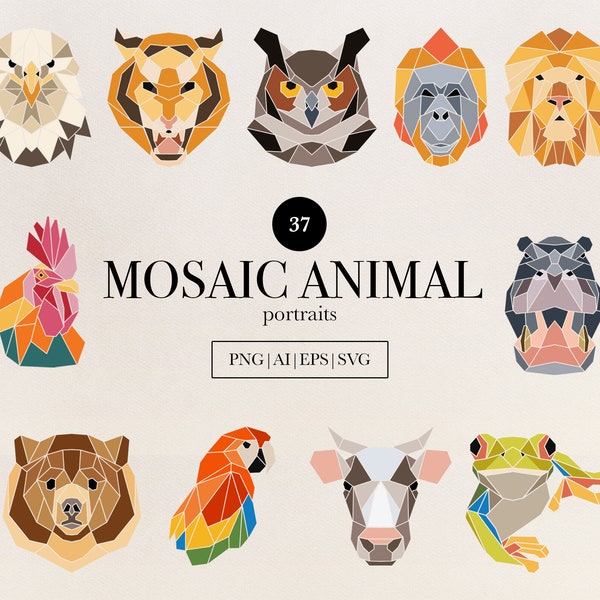 Ensemble de cliparts de visages d’animaux abstraits, portraits d’animaux en mosaïque, animaux domestiques sauvages, visages d’animaux géométriques, logo d’animal, Ai EPS SVG PNG