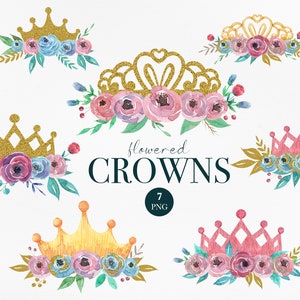 Princess Crown aquarel clipart, Princess Party, bloemrijke kronen clipart, meisje Royal Princess clipart, gouden kronen, kronen met bloemen