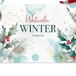 Delicate Watercolor Winter backgrounds, Christmas Watercolor scenes, Winter Mountain landscape, Winter Watercolor Forest, Watercolor splash
