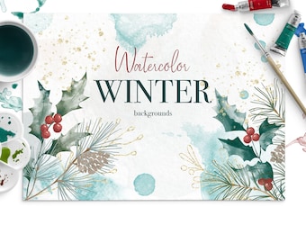 Delicate Watercolor Winter backgrounds, Christmas Watercolor scenes, Winter Mountain landscape, Winter Watercolor Forest, Watercolor splash