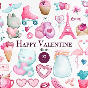 Watercolor Valentines Clipart, Pink flamingos clipart, teddy bear, Sweets clipart, Paris clipart, Funny Valentine's Day stickers, PNG