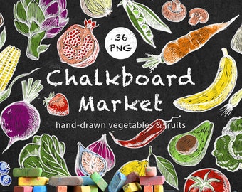Chalkboard Market clipart, Veggie & Fruit clipart, Chalk textures, Fruits Market, Hand Drawn Vegetables set, Blackboard background, 36 PNG