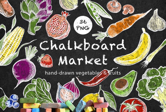 Chalkboard Veggie and Fruit Clipart, Hand Drawn PNG (digital
