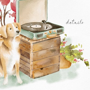 Puede incluir: Una pintura de acuarela de un perro sentado junto a un tocadiscos vintage en una caja de madera. El tocadiscos es verde y tiene un disco negro en &eacute;l. El perro es marr&oacute;n y blanco y tiene la cabeza inclinada hacia un lado. La pintura tiene un fondo claro con algunas flores rosas en la esquina.