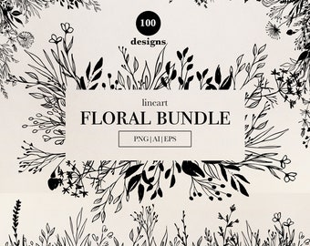 Floral Bundle, Outline Flowers clipart, Line Art Floral Arrangements, Botanical Line Art Clipart, Hand-drawn floral design, Botanical Stamps