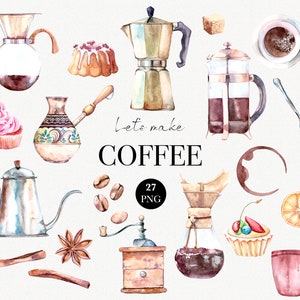Watercolor Coffee clipart, Coffee drinks clip art, Vintage coffee makers, Coffee grinder, Coffee beans, Cup of coffee, Sweets clipart, PNG