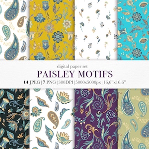 Paisley Digital Paper set, Bandana patterns, Oriental floral motifs, Indian motifs pattern, Paisley Texture, Paisley background, Floral PNG