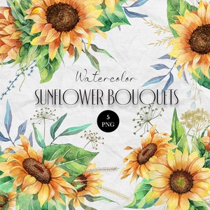 Watercolor SunflowersClip Art - Wedding Sunflowers clipart -Sunflower bouquets - Sunflower arrangements - 5 PNG