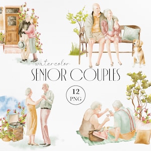 Senior Couples Watercolor Clipart - PNG - Elderly couple - Grandpa and Grandma - Old Man and Granny - Love clipart_ Valentine's Day clipart