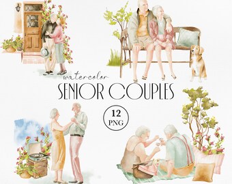 Imágenes prediseñadas de acuarela de pareja mayor: abuelo y abuela PNG (descarga digital)