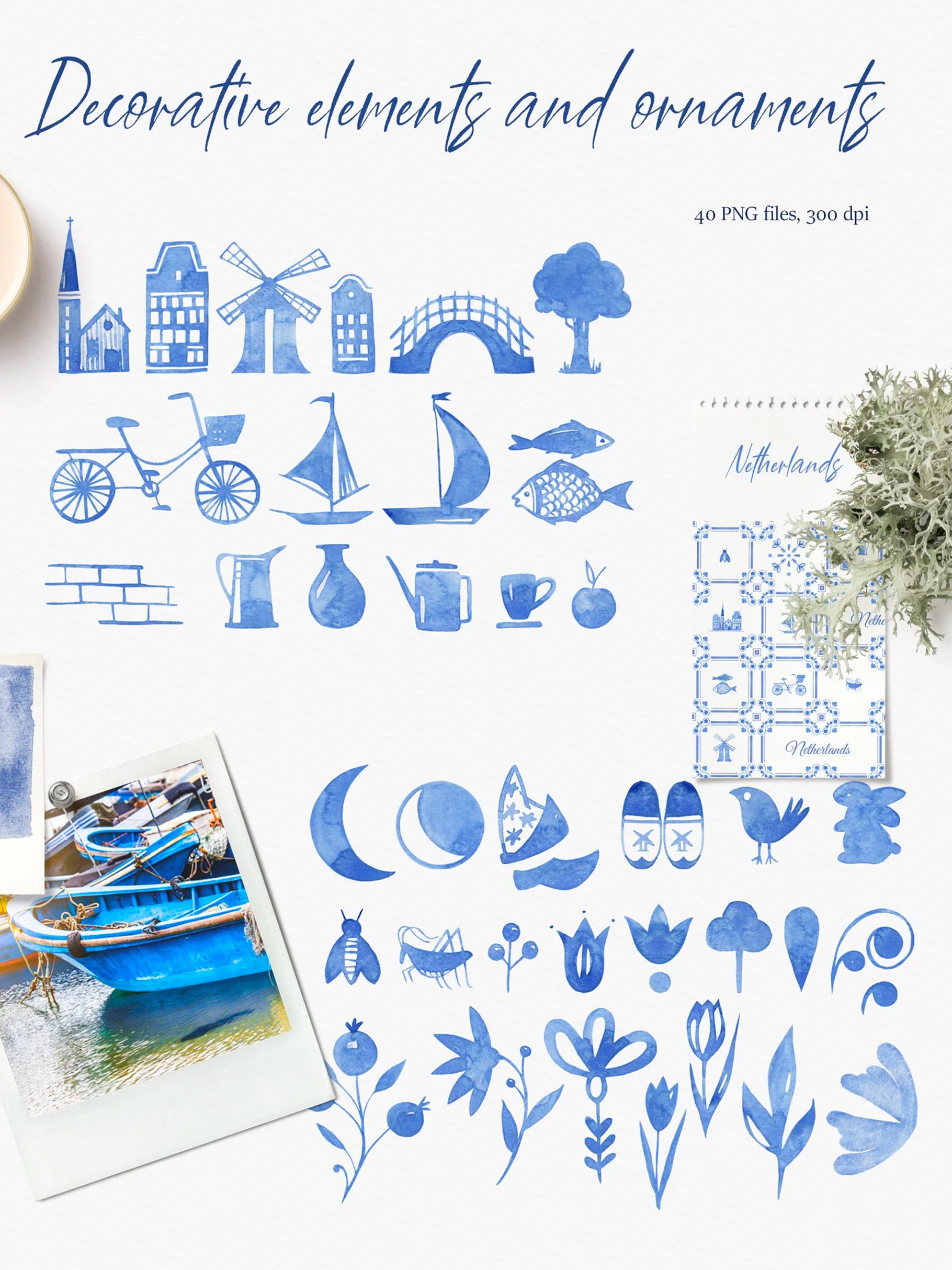 Delft Blue Tiles Clipart | Dutch Watercolor Tile Graphics (digital ...
