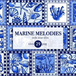 Clipart di piastrelle blu di Delft in stile nautico - Illustrazioni di vita marina mediterranea dipinte a mano - 29 PNG - Design di piastrelle olandesi marine per artigianato e arredamento