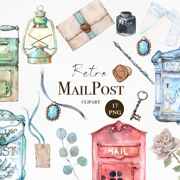Watercolor Post office clip art, Vintage Mailbox clipart, Letter, Stamp, Envelope, Retro Post box, Watercolor postboxes, Romantic age letter