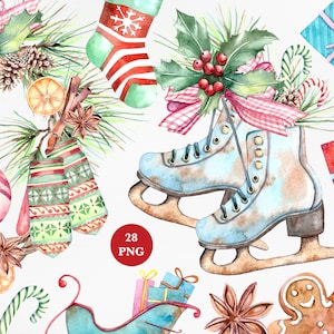 Watercolor Christmas clip art, Christmas Holiday Clipart, Wreath, Pine Cone Wreath, Winter Berries, Holly Berries, Christmas ice skates, PNG