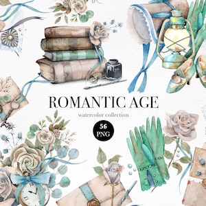 Clipart aquarelle de l’âge romantique, aquarelle vintage, ensemble d’aquarelles antiques, clipart de vieux livres, vintage Valentine’s, Old Keys, Retro Love