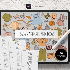 50 Procreate Boho Baby's Apparel and Toys Stamps, Baby Themed Procreate Stamps, Vintage Apparel Stamps, Digital Art brushes, Kids Doodle
