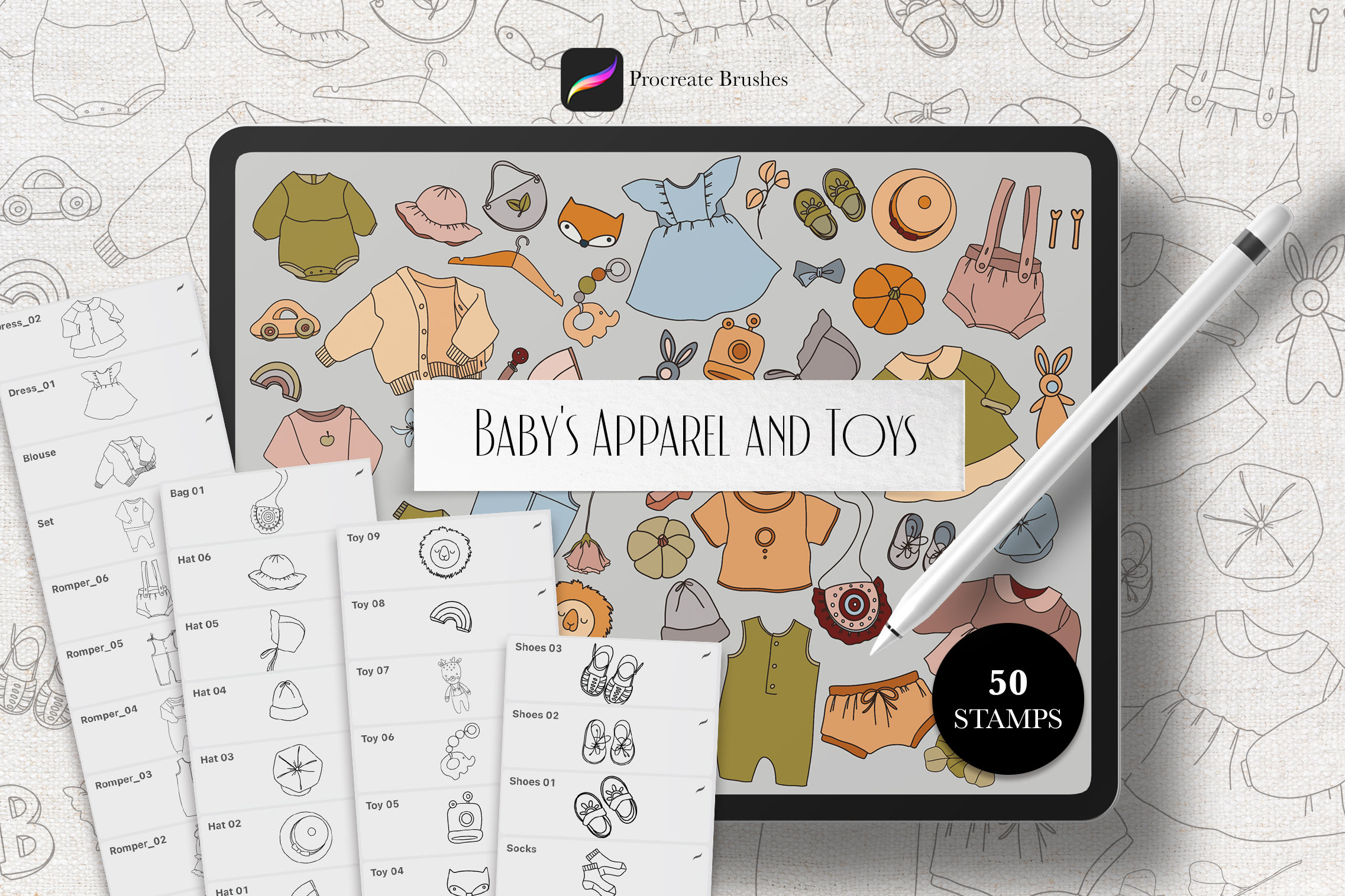 50 Procreate Boho Baby's Apparel and Toys Stamps, Baby Themed Procreate Stamps, Vintage Apparel Stamps, Digital Art brushes, Kids Doodle
