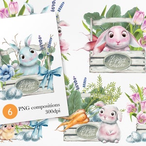 Cute Easter Bunny Clipart - Bunnies with flowers - Spring Easter clipart - Easter Rabbits and Chickens - Easter Bunny in basket - Eggs - PNG