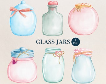 Watercolor Valentine Jar Clip art, Watercolor Glass Jars and Bottles, Rustic Mason Jars set, Valentine's Day clipart, PNG