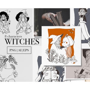 Cute Witches Clip Art Set – Halloween Witch Illustrations – PNG, EPS – Autumn Fall Digital Download for Crafts, Stickers, and Scrapbooking