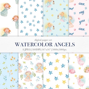 Watercolor Angel girls paper pack, set of 8 Seamless patterns for kids with stars and flowers, Digital Scrapbook Papers, Printable Paper Set