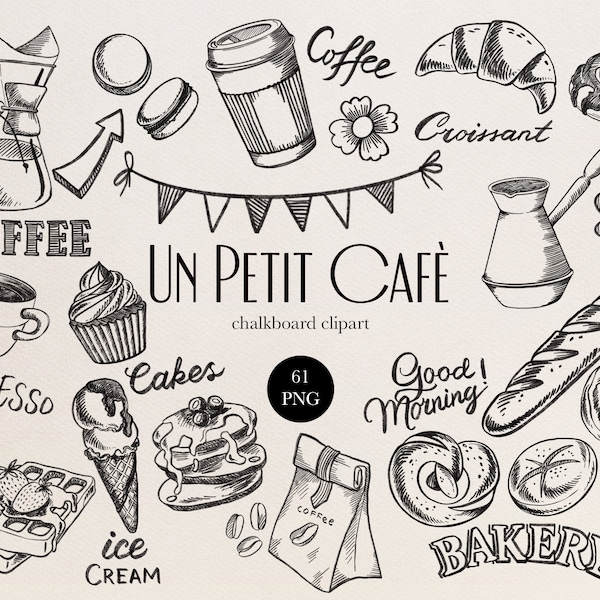 Coffee Shop Charm - Chalkboard Clipart Bundle for Bakery & Sweets - Chalk Textures and Blackboard Lettering - Sweet Treats - 61 PNG Graphics