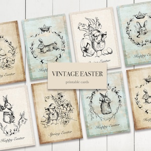 Vintage druckbare OSTERN Karten, Kartenset, Frohe Ostern, Set von 8 Postkarten, Vintage Oster Printables, Collage Sheets, Hasen und Küken