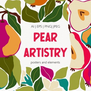 Vector Pear clipart. Pears fruits, green leaves, pear blooming. Fruit Market posters. Pear Market Hand Drawn clipart EPS PNG JPEG