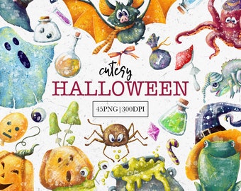 Spooky Halloween Clipart Set, Hand-Painted Cartoon Items (PNG Files)