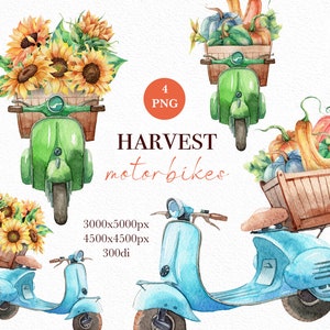 Autumn Watercolor clipart, Watercolor Fall clipart, Harvest motorbikes, Retro motorcycles clipart, Autumn clipart, Thanksgiving clipart, PNG