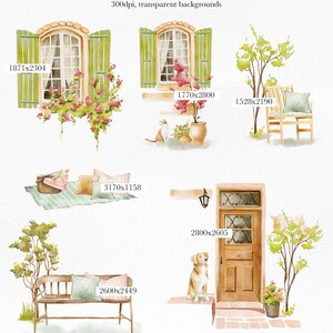 Puede incluir: Ilustraciones de acuarela de una casa con ventanas, una puerta, un banco, un perro y plantas. Las ilustraciones est&aacute;n en una paleta de colores suaves y pastel y tienen una est&eacute;tica caprichosa y cottagecore.