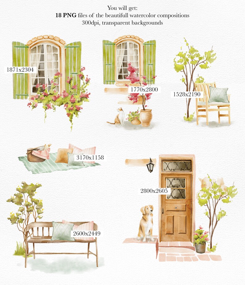 Puede incluir: Ilustraciones de acuarela de una casa con ventanas, una puerta, un banco, un perro y plantas. Las ilustraciones est&aacute;n en una paleta de colores suaves y pastel y tienen una est&eacute;tica caprichosa y cottagecore.