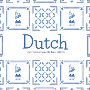 Azulejos Holandeses Clipart Mediterráneo Delft Azulejos Azules Acuarela clipart Holanda azulejos Países Bajos decoración de cocina Azul Acuarela Holanda