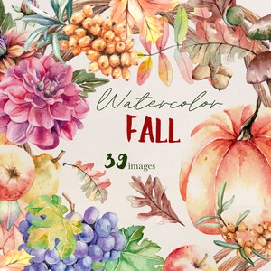 Autumn Watercolor clipart, Watercolor Fall clip art, Flowers Vegetables Leaves, Autumn Wreaths, Thanksgiving day, Fall Autumn, Orange Leaves
