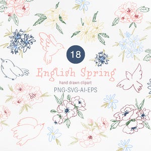 Hand-Drawn Floral Clipart | 18 English Spring Flowers & Birds | PNG, SVG, EPS | Vintage Botanical Illustrations | Digital Download