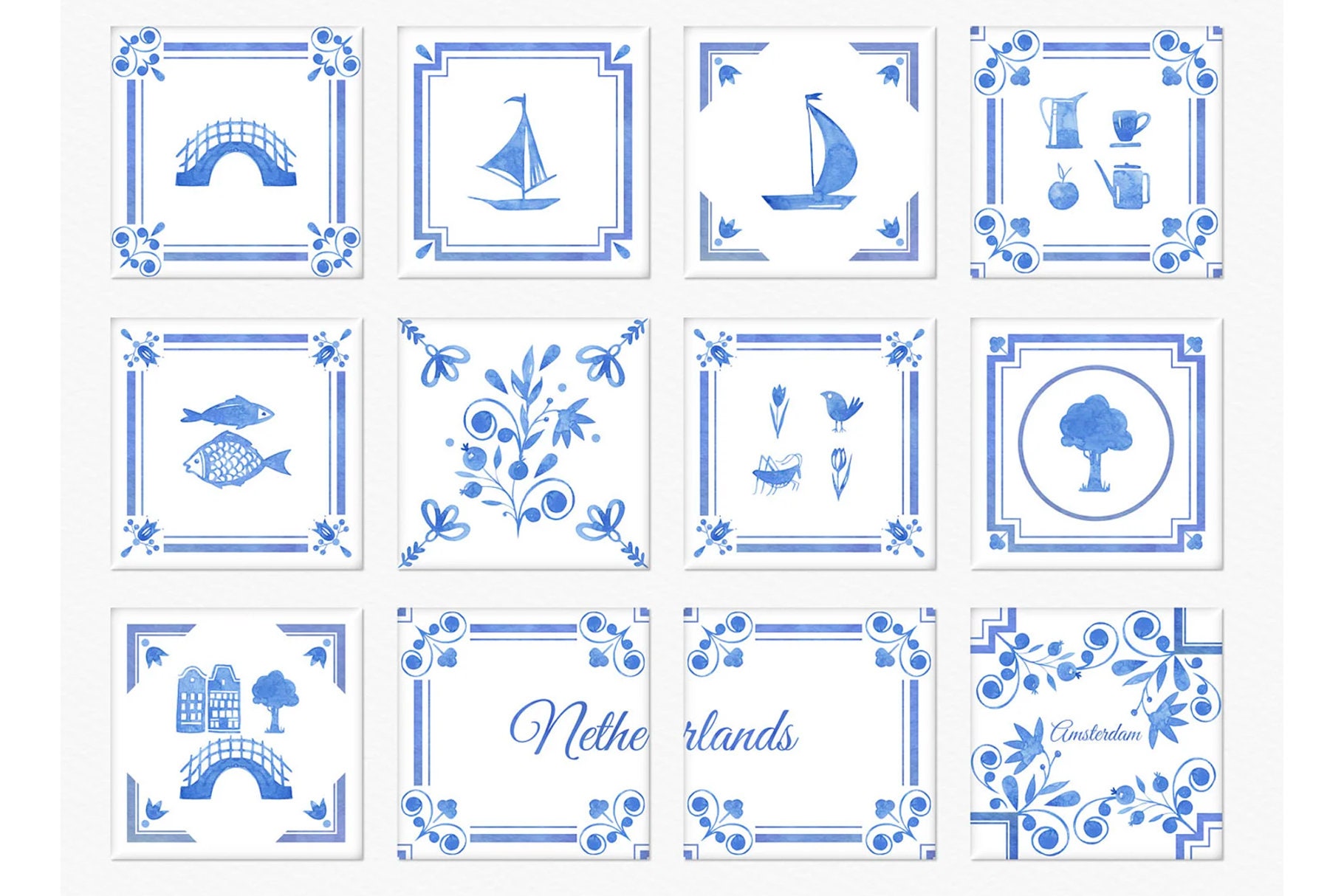 Delft Blue Tiles Clipart | Dutch Watercolor Tile Graphics (digital ...